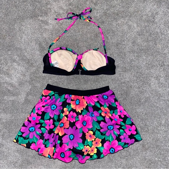 S VTG 90’s Carol Wior Neon Floral 2pc Bikini Underwire Halter Top Skirt Swimsuit - Picture 3 of 12